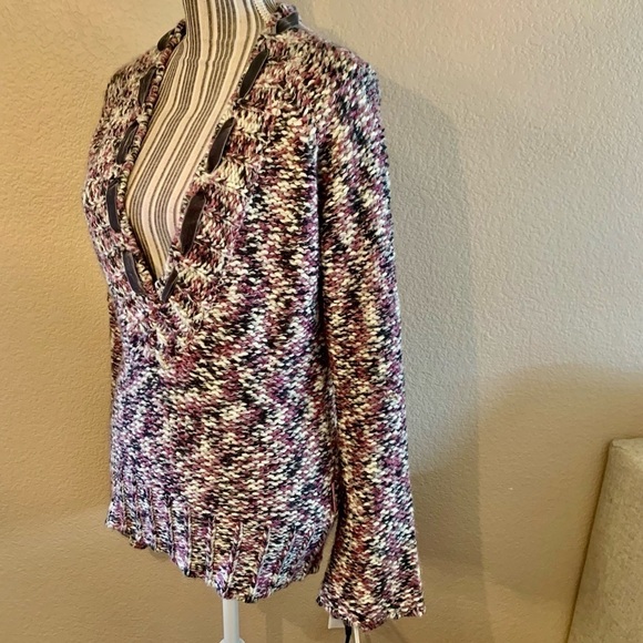 DKNY Sweater Large Acrylic Wool Alpaca Purple Gray White V-neck Ribbon Knit - Picture 5 of 16